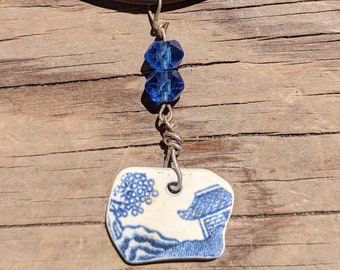 Blue Willow Pottery Shard Necklace • Pendant • Cobalt Blue Crystals • Sterling Wire Wrapped Leather • Maine Beach Sea Glass Jewelry