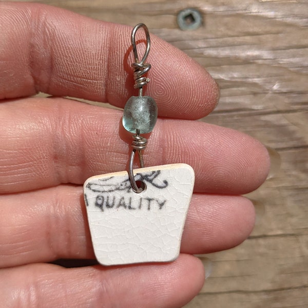 Maine Sea Pottery Shard Necklace • QUALITY Typography Pendant • Sterling Wire Wrapped Jewelry • Genuine Maine Sea Glass