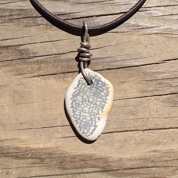 Urban Beach Pottery Shard Necklace • Crackle Boho Punk Pendant • Sterling Wire Wrapped Leather • Genuine Maine Beach Jewelry • Sea Glass