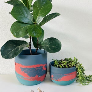 May include: Two concrete planters with a teal, gray, and red marbled design. The larger planter holds a green leafy plant, while the smaller planter holds a succulent.