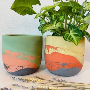 Volcano Planter | Green or Mustard, Terracotta & Charcoal Layered Concrete Planter | Pot | Minimalist Planter | Indoor Planter