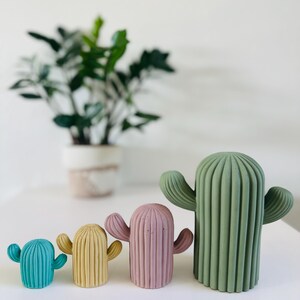 May include: Four different sized concrete cactus figurines in various colors. The largest cactus is green, the next is pink, then yellow, and the smallest is blue.