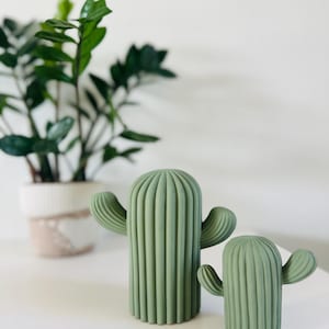 May include: Two green ceramic cactus sculptures with a ribbed texture. The larger cactus is taller and has two arms, while the smaller cactus has one arm.