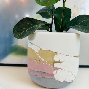 Pu&ograve; includere: Un vaso di ceramica bianca con una glassa screpolata in tonalit&agrave; rosa, giallo e grigio. Il vaso &egrave; riempito con una pianta verde con foglie grandi.