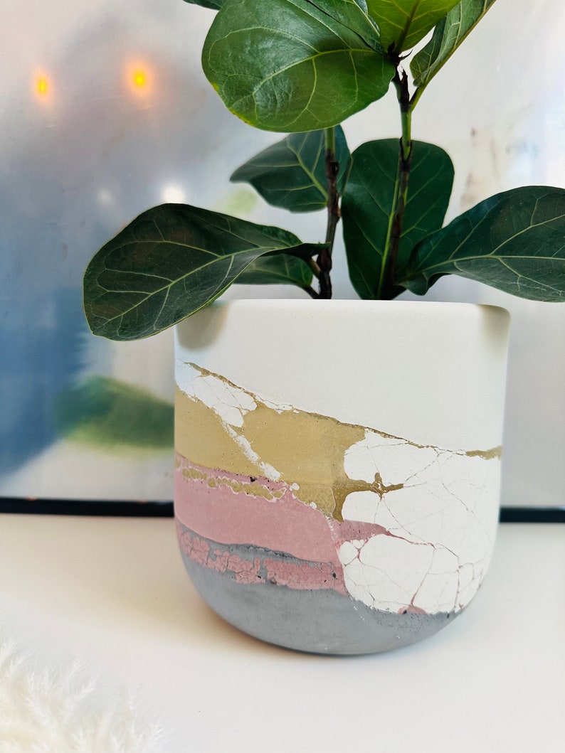 Pu&ograve; includere: Un vaso di ceramica bianca con una glassa screpolata in tonalit&agrave; rosa, giallo e grigio. Il vaso &egrave; riempito con una pianta verde con foglie grandi.