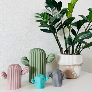 May include: Four small cactus figurines in different colors, including green, pink, blue, and gray, are arranged on a white surface. A larger green cactus figurine is behind the smaller ones. A potted plant with green leaves is in the background.