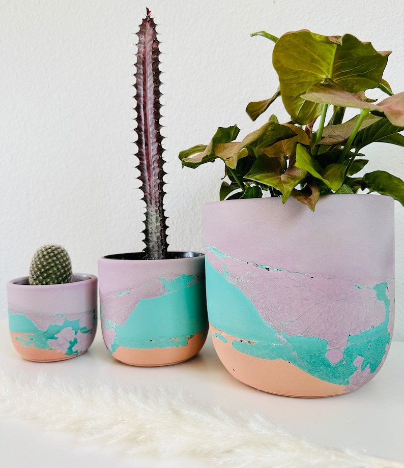 May include: Three different sized concrete planters with a marbled effect in shades of pink, teal, and brown. The planters are filled with plants, including a cactus and a leafy green plant.
