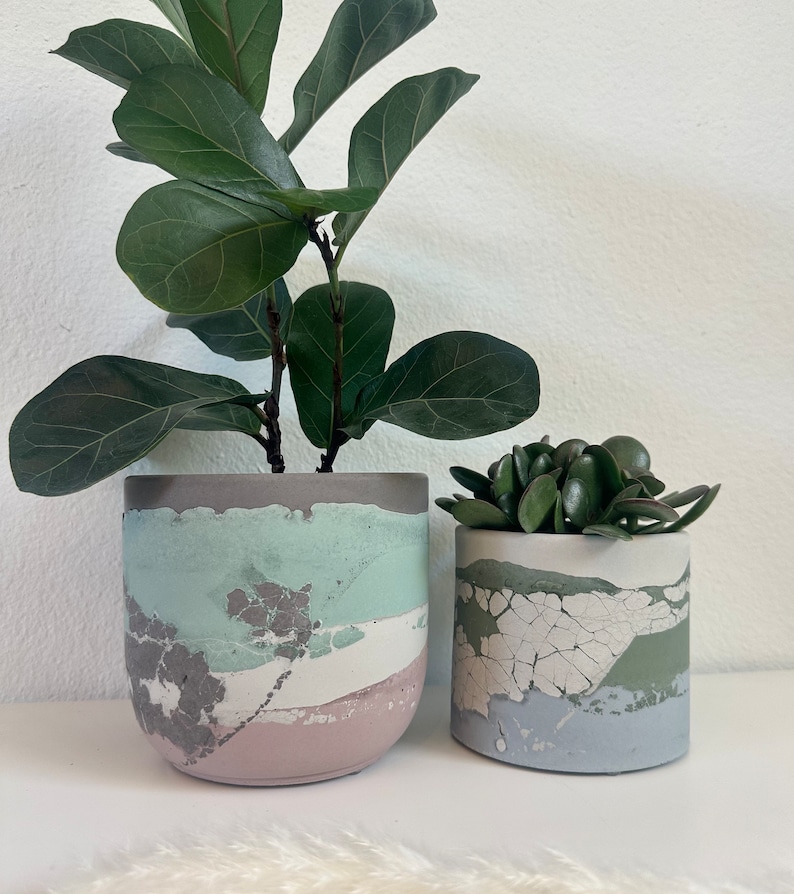 Pu&ograve; includere: Due vasi in cemento con un designo unico a marmi. Il vaso pi&ugrave; grande &egrave; verde chiaro, bianco e rosa, e il vaso pi&ugrave; piccolo &egrave; grigio, verde e bianco. Entrambi i vasi sono pieni di piante.
