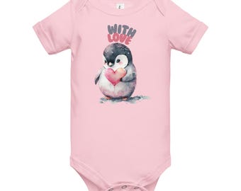 With Love | Baby Penguin Big Heart Watercolor Baby Onesie | Newborn Infant Bodysuit | Cute Baby Shower Gift | 1st Birthday | 3-24 Months