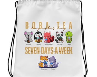 Boba Tea Drawstring Bag | Bubble Tea | Boba Addicts & Boba Enthusiasts | Adorable Animals Sipping Bubble Tea Everyday