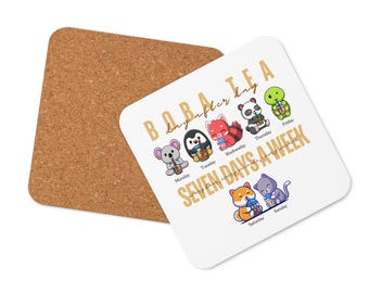 Boba Tea Cork-back Coaster | Bubble Tea | Boba Addicts & Boba Enthusiasts | Adorable Animals Sipping Bubble Tea Everyday
