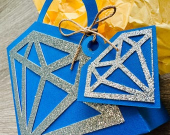 Paper Diamond Gift Box with Tag | Navy & Silver Glitter Favor Box | Valentine's Day, Engagement Ring, Bridal Shower, Wedding Favor Packaging