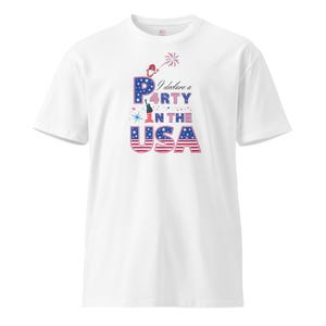 4th of July Unisex Premium T-Shirt (Sizes: S-3XL) | Party in the USA | Independence Day | America | Red, Blue, White Stars Stripes | Gnome