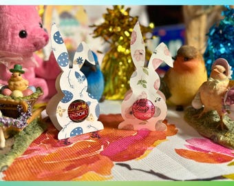 Bunny Chocolate Candy Holder | Cute Party Favor for Easter, Baby Shower, Birthday, Wedding | Blue, Pink, Eggs, Easter Basket, Spring Flowers