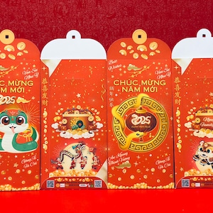 Personalizable Red Envelopes | Li Xi | 2025 Lunar New Year of the Snake | Chuc Mung Nam Moi | Vietnamese | Chinese | Gold | Lucky Red | Logo