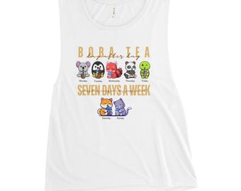 Boba Tea Ladies' Muscle Tank (Size: S-2XL) | Adorable Animals Sipping Bubble Tea all Weeklong | Boba Addicts & Boba Enthusiasts | Red Panda