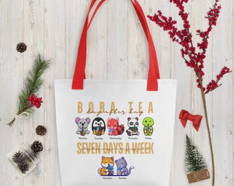 Boba Tea Tote Bag | Adorable Animals Sipping Bubble Tea Everyday | Corgi | Cat | Koala | Penguin | Red Panda | Turtle