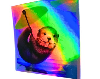 Sea Otter Lotus Holographic Sticker | Cute Vinyl Kawaii Weatherproof Decal | Thermos, Water Bottle, Binder, Book, Laptop, & More