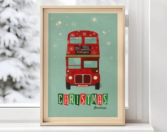 London Christmas Bus Print Vintage Double Decker Holiday Wall Art