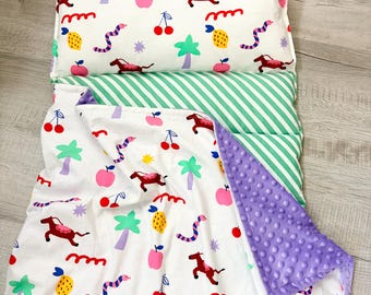 100% Cotton Nap Mat with Attached Pillow – Easy Roll-Up Sleeping Bag for Daycare, Preschool