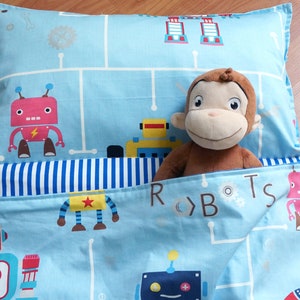 Personalized preschool nap mat for boy, DAYCARE Nap Mat with pillow and blanket attached, robot kids sleeping bag