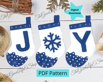 PDF Pattern and Step by Step Instructions, "JOY" Felt Stockings, Beginner to Intermediate level, Christmas Stockings, Digital Download