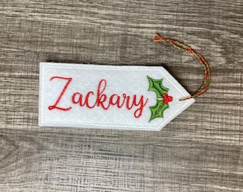 Bucilla Stocking Finished Name Tag | Holly Leaves | Personalized Felt Tag | Embroidered Felt Stocking Tag