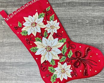 Posh Poinsettia Handmade Christmas Bucilla Stocking – Embroidered Mantel Decor, Heirloom Holiday Gift