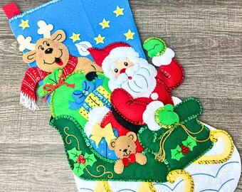 Santa’s Helper Christmas Stocking – Embroidered & Handmade – Bucilla Holiday Keepsake