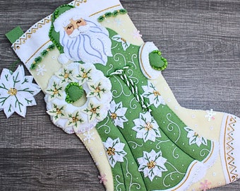 White Poinsettia Santa Heirloom Christmas Bucilla Stocking – Embroidered & Handmade Holiday Keepsake
