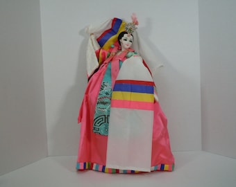 Zabytkowa koreańska lalka Hanbok z rękawami Han Sahm, lata 60. XX wieku, lalka z złotego wieku