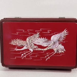 Vintage Korean Red Lacquer & Inlaid Mother of Pearl Jewelry Box with Flying Cranes Design