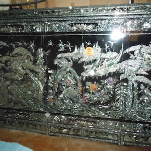 Korean Black Lacquer Mother of Pearl Wardrobe, 1000 Cranes, 3 Cabinets 6 Drawers