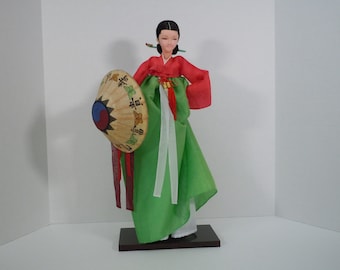 Vintage koreańska tancerka Jeonmo Gisaeng Hat Hanbok, lalka z lat 60., złoty wiek