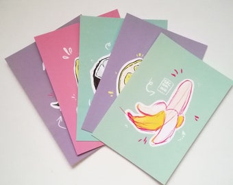 postCards / greetingCards - Frukt • Fruits • Früchte [ Banana, Lemon, Coconut, Pineapple, Strawberry ] ][Stationery