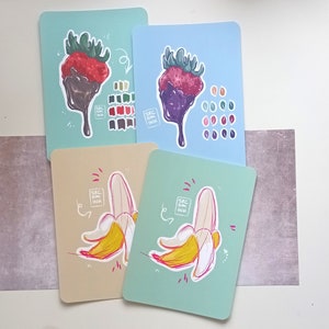 postCards / Grußkarten - Banana & dipped Strawberry • handmade • cute ][ Stationery