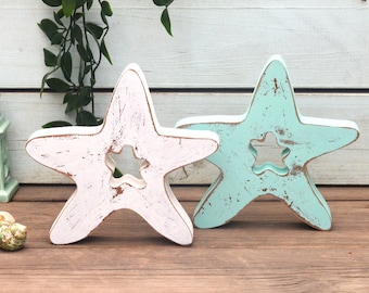 Zeester decorset, rustieke houten zeesterkunst, strandhuisdecor, nautisch houtdecor, noodlijdend kustdecor, verweerde zeesterdecor