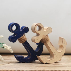 Freestanding 2 wood anchors set, Rustic painted Nautical home decor, beach party decor, nautical party stand alone anchor