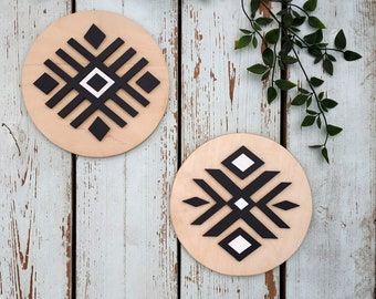 Set of 2 Boho Wood Art, Native Ornament Wood Wall Hanging, Bohemian triangle wall decor, Southwestern home decor, Geometric wall art