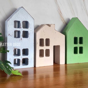 Set of 3 wood small houses, Distressed Wood House Set, Farmhouse rustic house decor, Scandi style houses, Wood rustic house Set