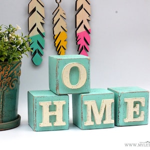 Wood block letters HOME, Wooden Block Letters Vintage Country Rustic Painted