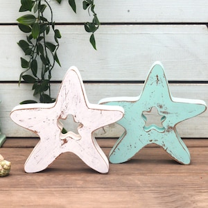 Starfish decor set, rustic wood starfish art, Beach House Decor, nautical wood decor, distressed Coastal Decor, Weathered sea star decor