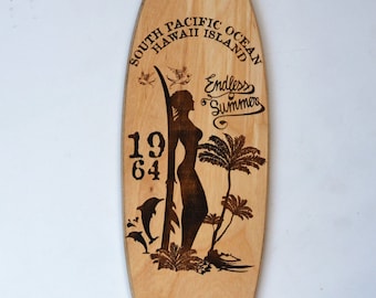 Puede incluir: Un letrero de madera con forma de tabla de surf con una silueta de una mujer surfeando, palmeras y delfines. El letrero dice "Aloha Luxury & Beach", "South Pacific Ocean Hawaii Island", "Endless Summer", "1964", "Sunshine Gold Sand Big Wave", y "WWW.MYLETTER.CO.IL".