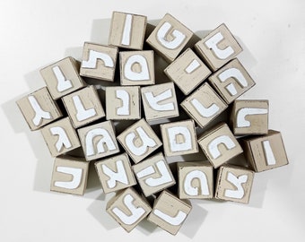 Set of Hebrew alphabet 27 wooden blocks letters