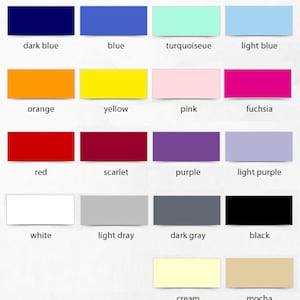May include: A color chart with 16 different colors, including dark blue, blue, turquoise, light blue, orange, yellow, pink, fuchsia, red, scarlet, purple, light purple, white, light gray, dark gray, black, cream, and mocha.