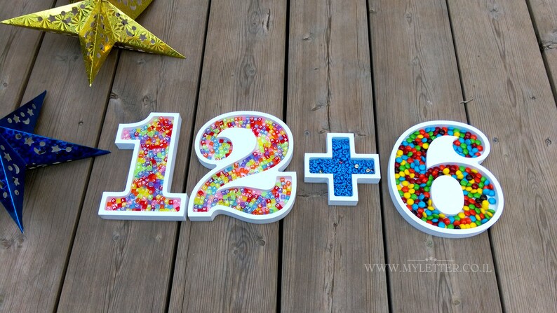 May include: White numbers 1, 2, and 6 filled with colorful candies, with a white plus sign between the numbers. The numbers are on a wooden surface.