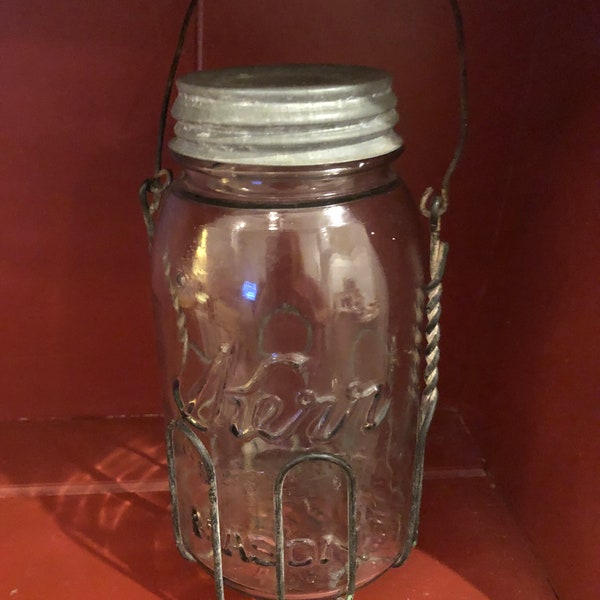 Kerr 1915 "Self Sealing" Mason Jar with Zinc Lid & Antique Wire Carrier for Canning