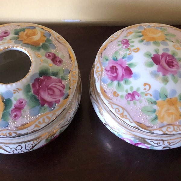 Antique Handpainted Dresser Set ~ Hair Receiver & Pin / Trinket Dish ~ Lovely Mother's Day Gift!