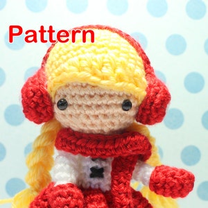 Häkeln Amigurumi niedliche Mädchen Angelina Puppe PDF Muster Stofftier Geschenk Kawaii rot Winter Schnee Handschuhe Ohrenschützer Schal