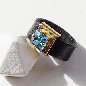 Leather Rings, Leather Ring Band, Crystal Ring, Aquamarine Ring, Brown Leather Jewelry, Leather Ring, Princes Cut Ring, Leather Stone Ring